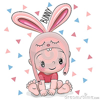 Cute Cartoon Baby boy in a Bunny hat Vector Illustration