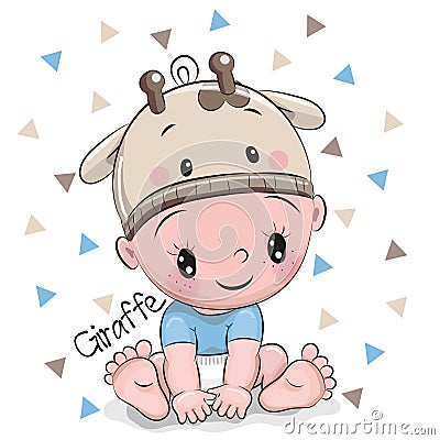 Cute Cartoon Baby boy in a giraffe hat Vector Illustration