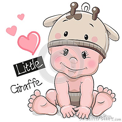 Cute Cartoon Baby boy in a Giraffe hat Vector Illustration