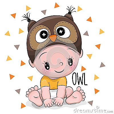 Cute Cartoon Baby boy in a Owl hat Vector Illustration