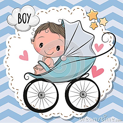 Cute Cartoon Baby boy is sitting on a carriage Vector Illustration