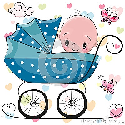 Cute Cartoon Baby boy is sitting on a carriage Vector Illustration