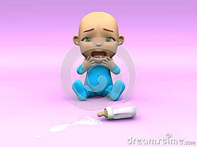 Cute cartoon baby crying over spilt milk. Stock Photo