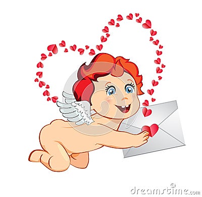 Cute cartoon baby Cupid, angel, amour holding love letter Vector Illustration