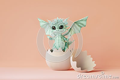 Cute cartoon baby dragon hatches from egg. 3d render Stock Photo