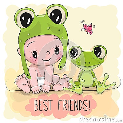 Cute Cartoon Baby and frogg Vector Illustration