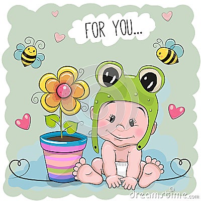 Cute Cartoon Baby in a froggy hat Vector Illustration