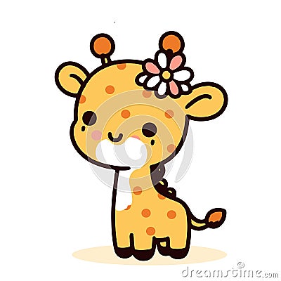 Cute cartoon baby giraffe with a flower in her hair. Vector illustration isolated on white background Vector Illustration