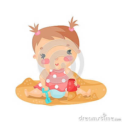 Cute cartoon baby girl playing with sand colorful character vector Illustration Vector Illustration