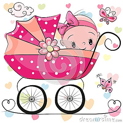 Cute Cartoon Baby girl is sitting on a carriage Vector Illustration