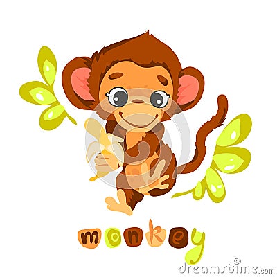 Cute cartoon baby monkey character, with peeled banana in quotes on leaf background, with lettering. For baby cards or posters Vector Illustration