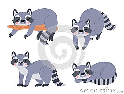 Cute cartoon baby raccoon, animal sleep and rest Vector Illustration