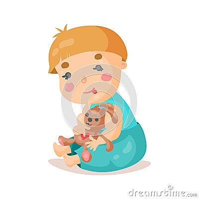 Cute cartoon baby sitting and plying with his bunny toy colorful character vector Illustration Vector Illustration