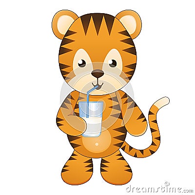 The cute cartoon baby-tiger is drinking milk Vector Illustration