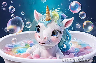 cute cartoon baby unicorn in bathtub filled with colorful foam surrounded by bubbles against dark blue background Stock Photo