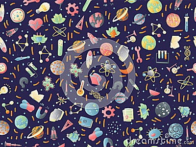 Cute cartoon back to school and college fun seamless pattern with colored school supplies. Science test tubes, books Vector Illustration