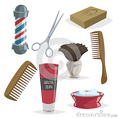 Cute cartoon barber accessories set. Barbershop striped pole, scissors, soap, wooden comb, shaving cream and brush. Vector illustr Vector Illustration