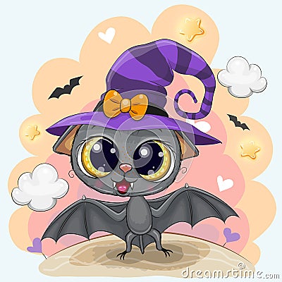 Cute Bat in a halloween hat Vector Illustration