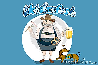 Cute cartoon Bavarian man with beer, sausage and pretzel. Vector Illustration