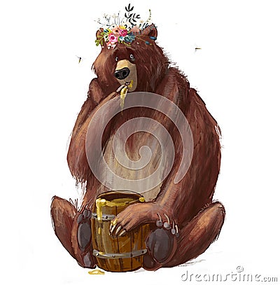 cute cartoon bear with barrel of honey Stock Photo