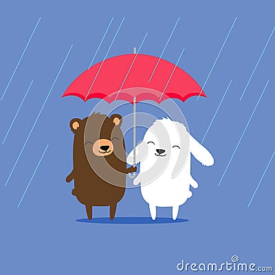 Cute cartoon bear and bunny rabbit sharing umbrella in the rain. Cartoon Illustration