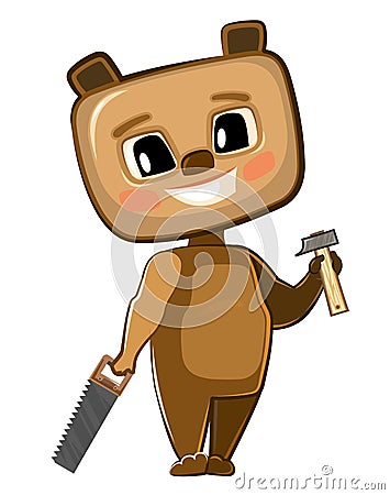 Cute cartoon Bear the carpentry with a saw and a hammer. Flat style. Helps dad. Picture for children. Funny kid animal Vector Illustration