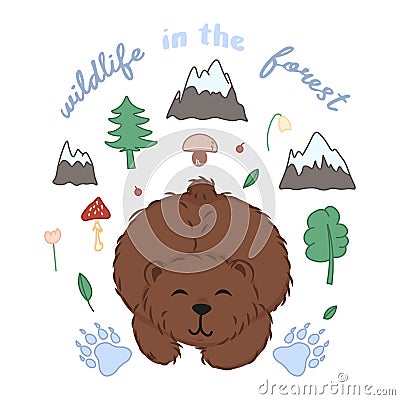 Cute cartoon bear with forest flora doodle elements, wild animal and nature, editable vector illustration for kids book decoration Vector Illustration