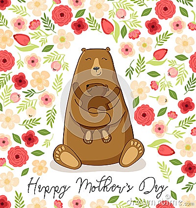 Cute cartoon bear with its baby, Mother`s day card Vector Illustration