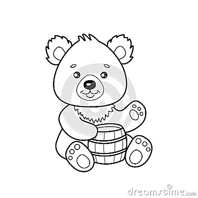 Cute cartoon bear with a keg of honey for coloring page or book. Outline of little bruin isolated on white background. Childish or Cartoon Illustration