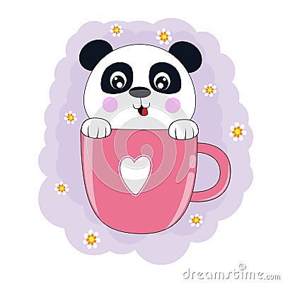 Cute cartoon bear panda in pink coffee cup. Vector Illustration