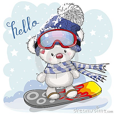 Cute cartoon Bear on a snowboard Vector Illustration