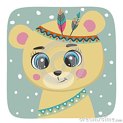 Cute Cartoon bear teddy with red indian feathers. Vector Illustration