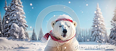 Cute cartoon bear wearing santa hat fun postcard character coldness wintertime banner Stock Photo