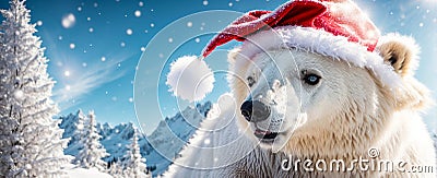 Cute cartoon bear wearing santa hat fun snow character coldness wintertime banner Stock Photo