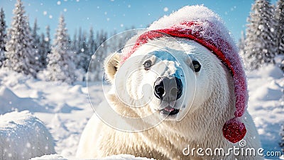 Cute cartoon bear wearing santa hat on snow character coldness Stock Photo