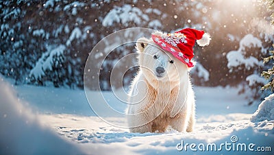 Cute cartoon bear wearing santa hat invitation snow character coldness wintertime banner Stock Photo