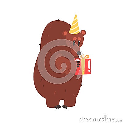 Cute cartoon bear in a yellow party hat holding red gift box Happy Birthday colorful vector Illustration Vector Illustration