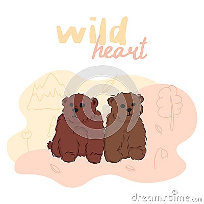 Cute cartoon bears with forest flora doodle elements, wild animals and nature, editable vector illustration for kids Vector Illustration