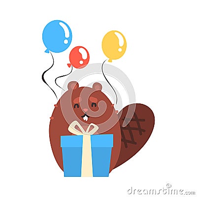 Cute cartoon beaver holding blue gift box and bunch of colorful balloons Happy Birthday cartoon vector Illustration Vector Illustration