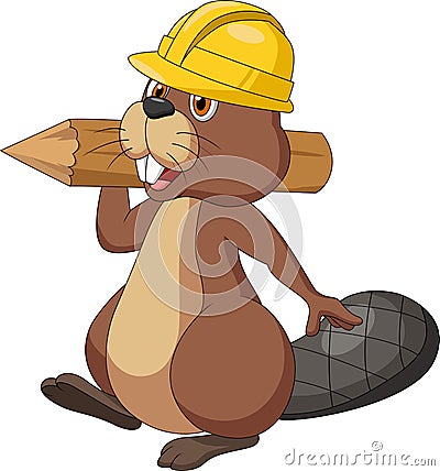 Cute cartoon beaver wearing safety hat and holding a wood log Vector Illustration