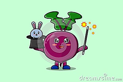 cute cartoon Beetroot magician with bunny magic Vector Illustration