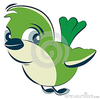 Cute cartoon bird character. Green feather animal Vector Illustration