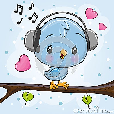 Cute Bird with headphones on a branch Vector Illustration