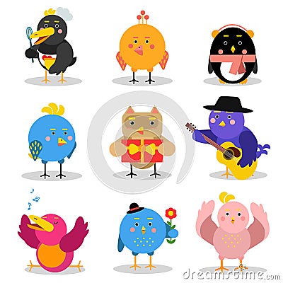 Cute cartoon birds with different emotions and situations, colorful characters vector Illustrations Vector Illustration