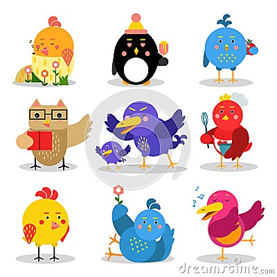 Cute cartoon birds in different situations, colorful characters vector Illustrations Vector Illustration