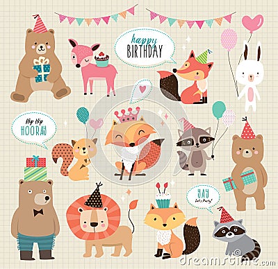 Cute cartoon birthday animals Vector Illustration