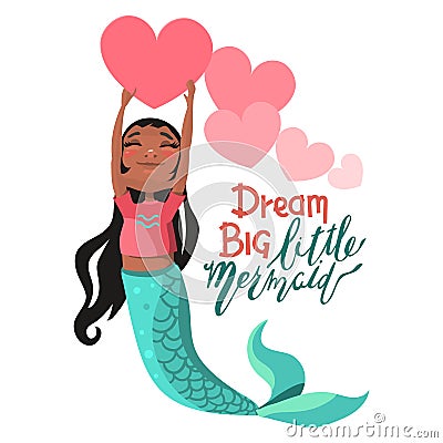 Cute, cartoon, black african american girl mermaid keeping the bright pink big heart Vector Illustration
