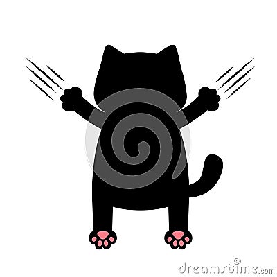 Cute cartoon black cat kitten. Back view. Pink paw print. Claws animal scratch scrape track. Funny kawaii baby character. Sticker Vector Illustration
