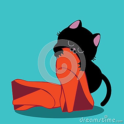 Black kitten bites shoes Vector Illustration