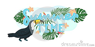 Cute cartoon black toucan on light blue background, wild tropical bird with exotic leaves and flowers, hand lettering, editable Vector Illustration